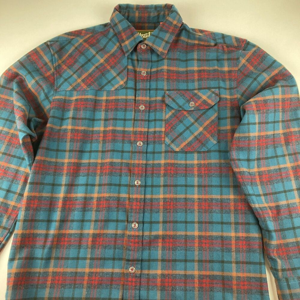Howler Bros Men M Heavyweight Plaid Flannel Shirt Blue Red Orange Monkey Logo